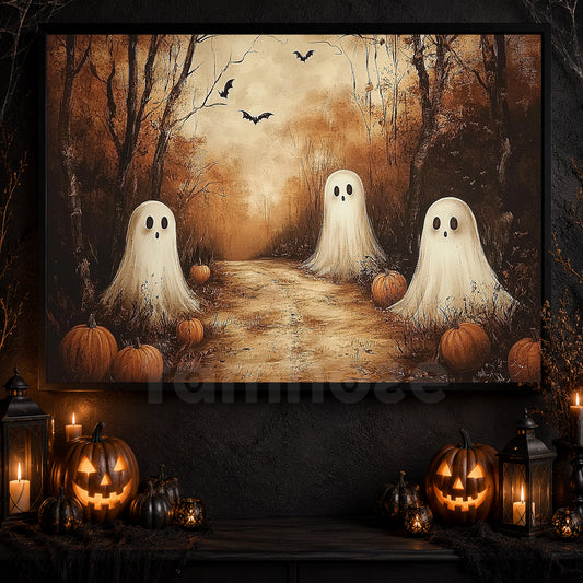 Interesting Three Ghost Halloween Canvas Painting, Ghost Meeting, Spooky Season Wall Art Decor, Halloween Poster Gift