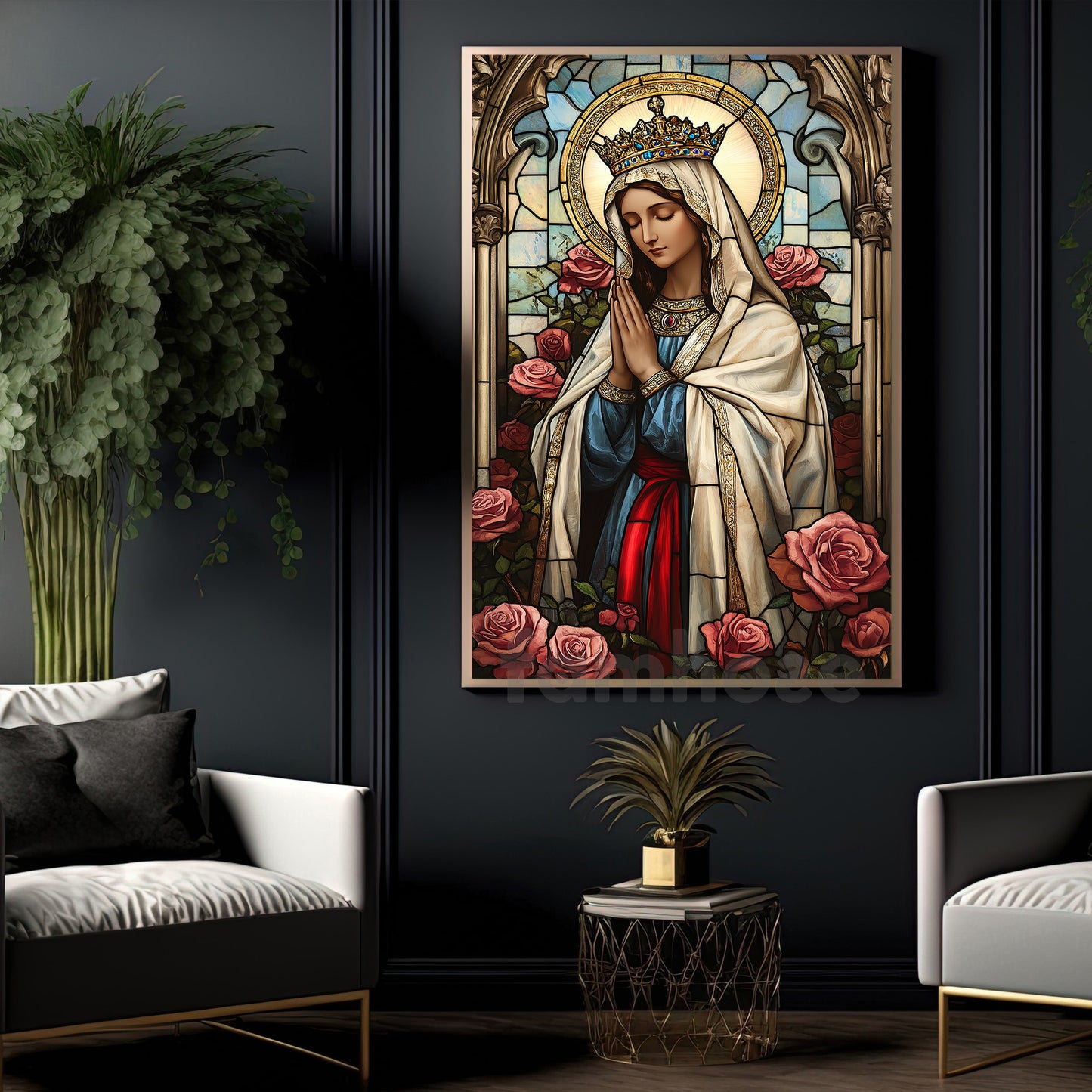 Virgin Mary Stained Glass Canvas Painting, Holy Mother Mary Wall Art Decor, Poster Gift To Decor House Or Office