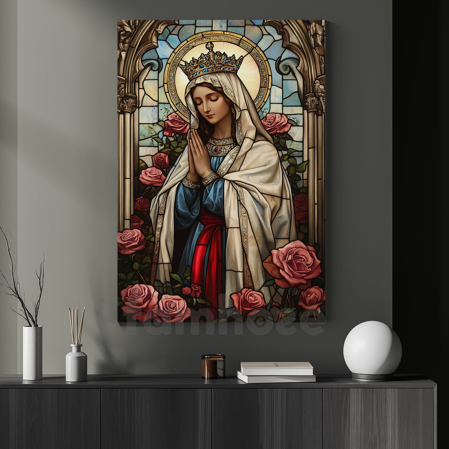 Virgin Mary Stained Glass Canvas Painting, Holy Mother Mary Wall Art Decor, Poster Gift To Decor House Or Office