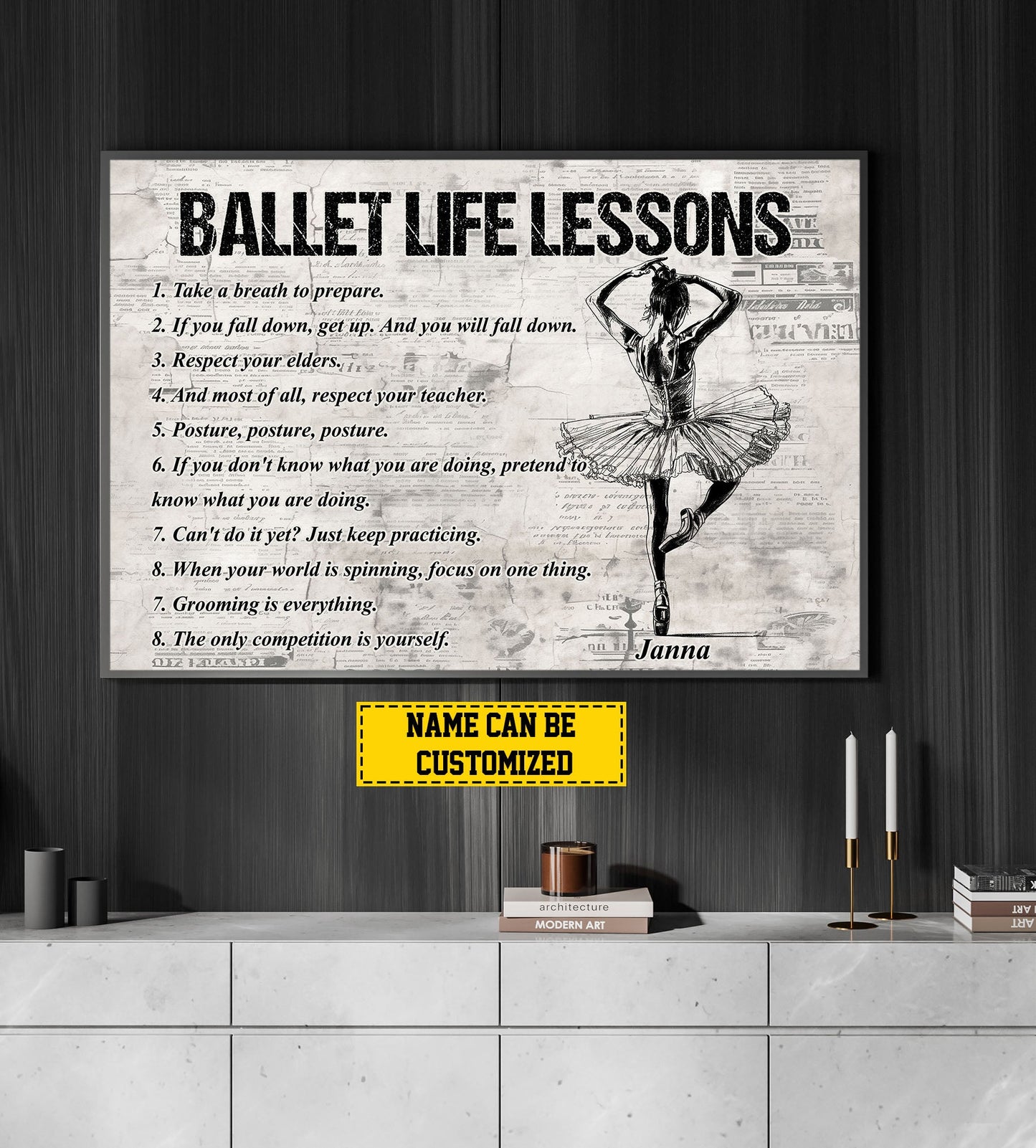 Ballet Life Lessons, Personalized Motivational Ballet Girl Canvas Painting, Inspirational Quotes Wall Art Decor, Poster Gift For Ballet Lovers