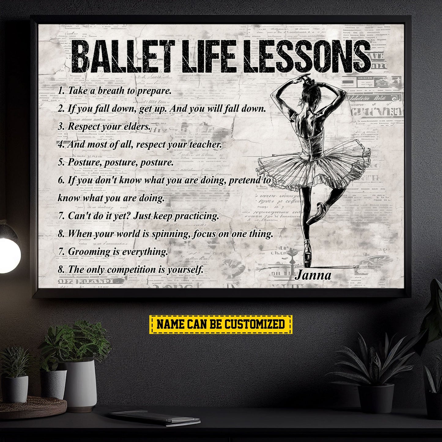 Ballet Life Lessons, Personalized Motivational Ballet Girl Canvas Painting, Inspirational Quotes Wall Art Decor, Poster Gift For Ballet Lovers