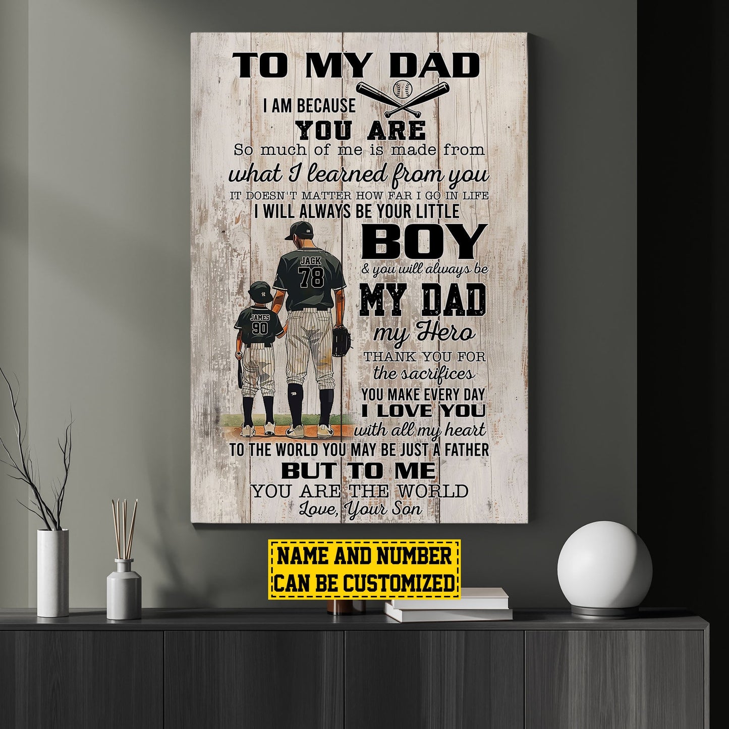 Personalized Baseball Boy Canvas Painting, To My Dad Your Little Boy, Inspirational Quotes Baseball Wall Art Decor, Father's Day Poster Gift For Dad From Son