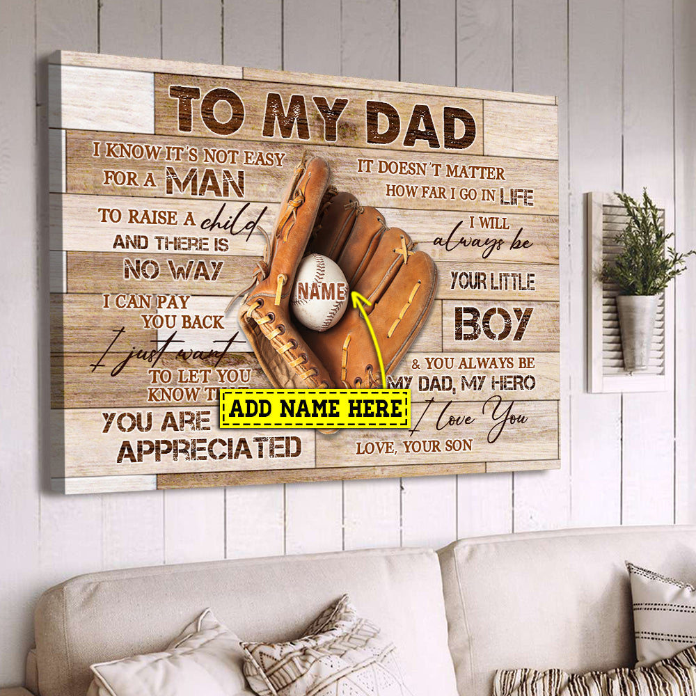 Personalized Father's Day Baseball Poster/Canvas, To My Dad Not Easy For A Man To Raise A Child Canvas Wall Art, Gift For Baseball Lovers