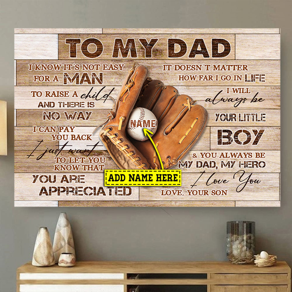 Personalized Father's Day Baseball Poster/Canvas, To My Dad Not Easy For A Man To Raise A Child Canvas Wall Art, Gift For Baseball Lovers