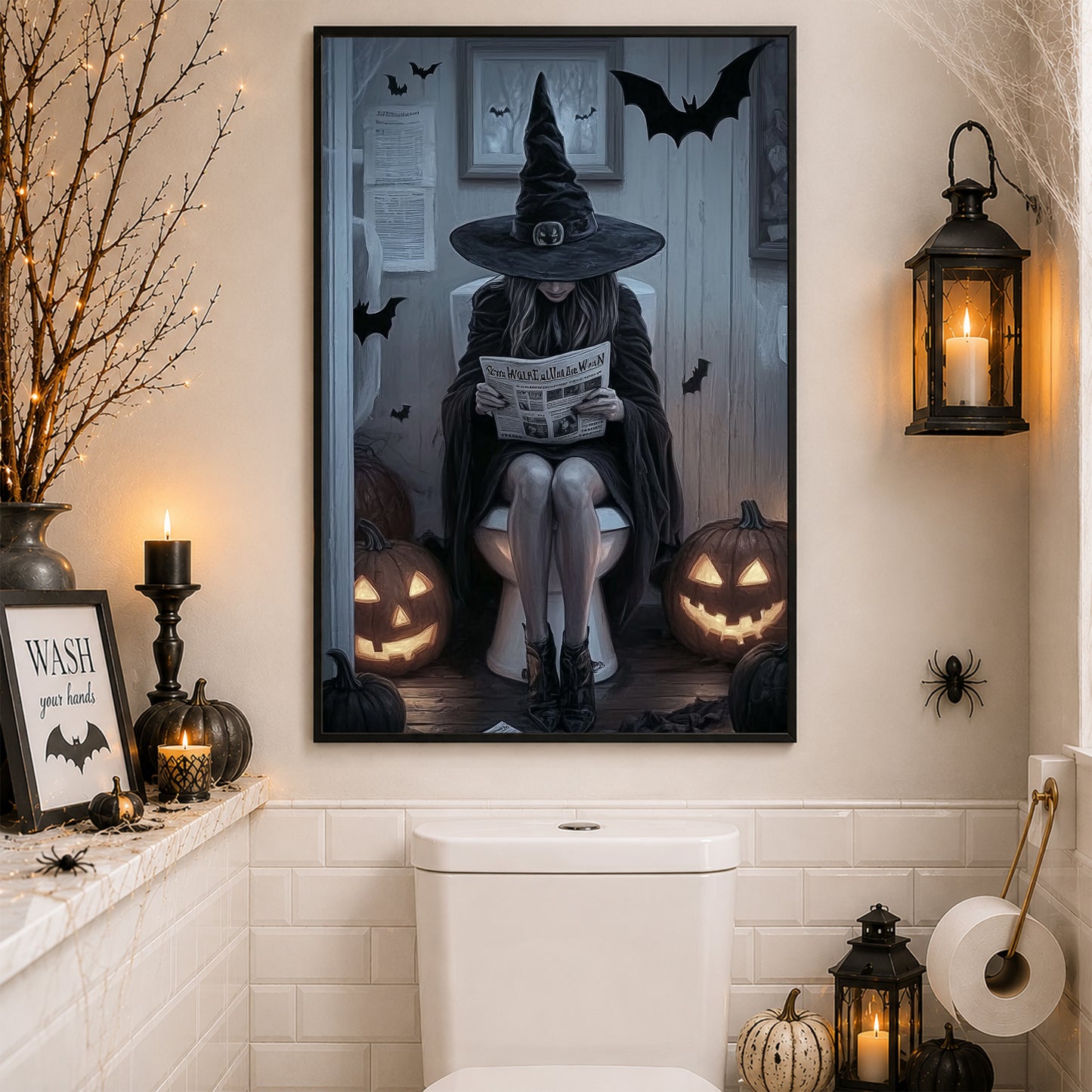 Funny Halloween Toilet Witch Canvas Painting, Bathroom Of Shadows Restroom Wall Art Decor, Spooky Season Poster Gift For Witch Lovers