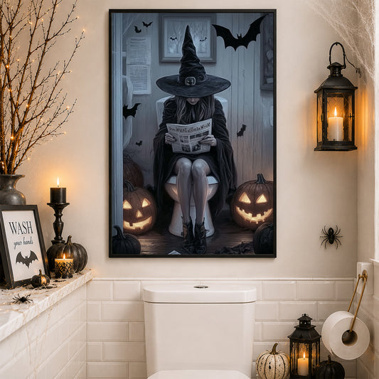Funny Halloween Toilet Witch Canvas Painting, Bathroom Of Shadows Restroom Wall Art Decor, Spooky Season Poster Gift For Witch Lovers