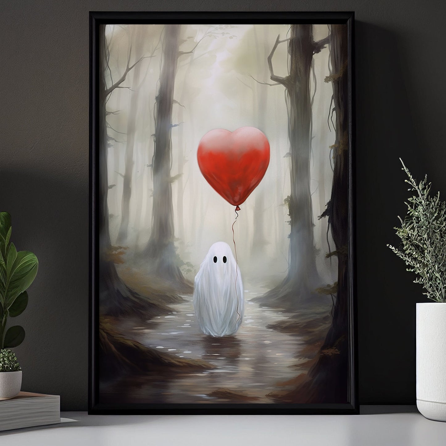 Ghost Hold Heart Balloon, Ghost Canvas Painting, Forest Wall Art Decor, Spooky Poster Gift