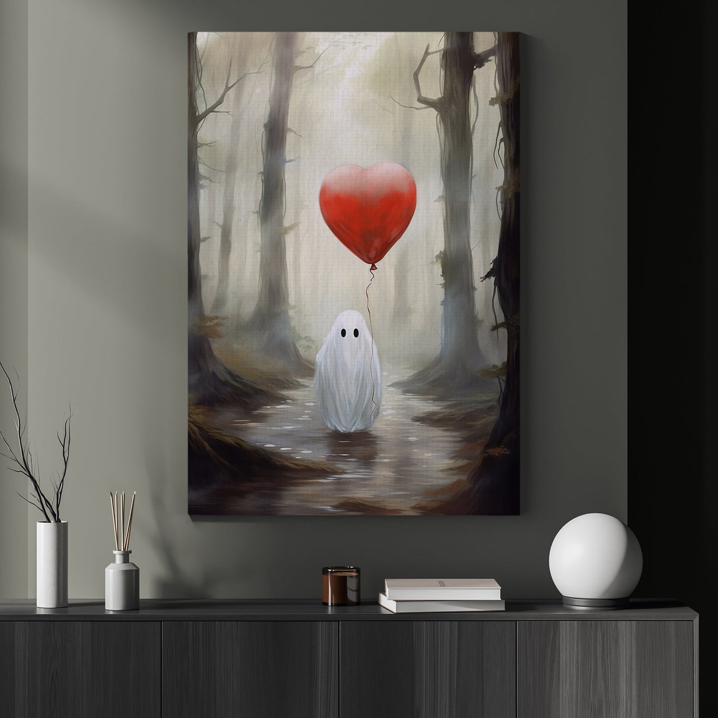 Ghost Hold Heart Balloon, Ghost Canvas Painting, Forest Wall Art Decor, Spooky Poster Gift