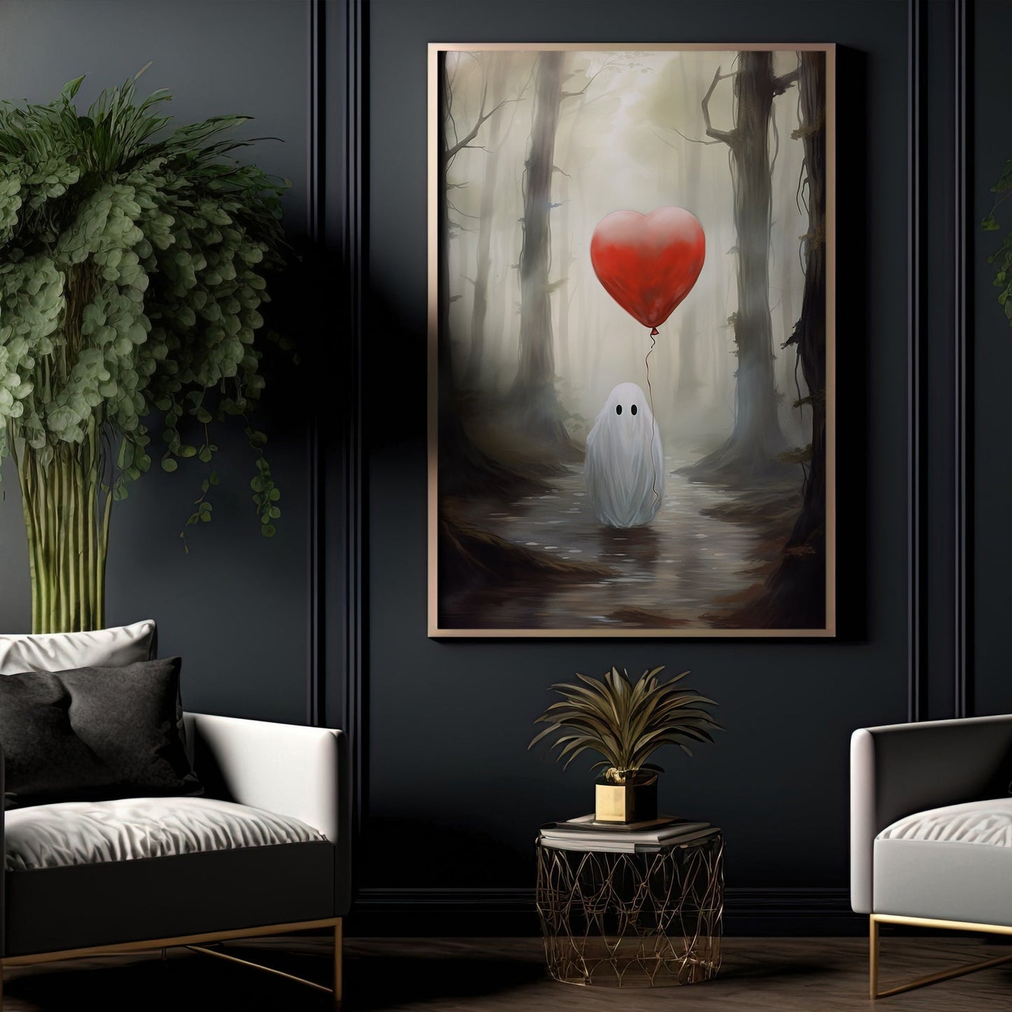 Ghost Hold Heart Balloon, Ghost Canvas Painting, Forest Wall Art Decor, Spooky Poster Gift