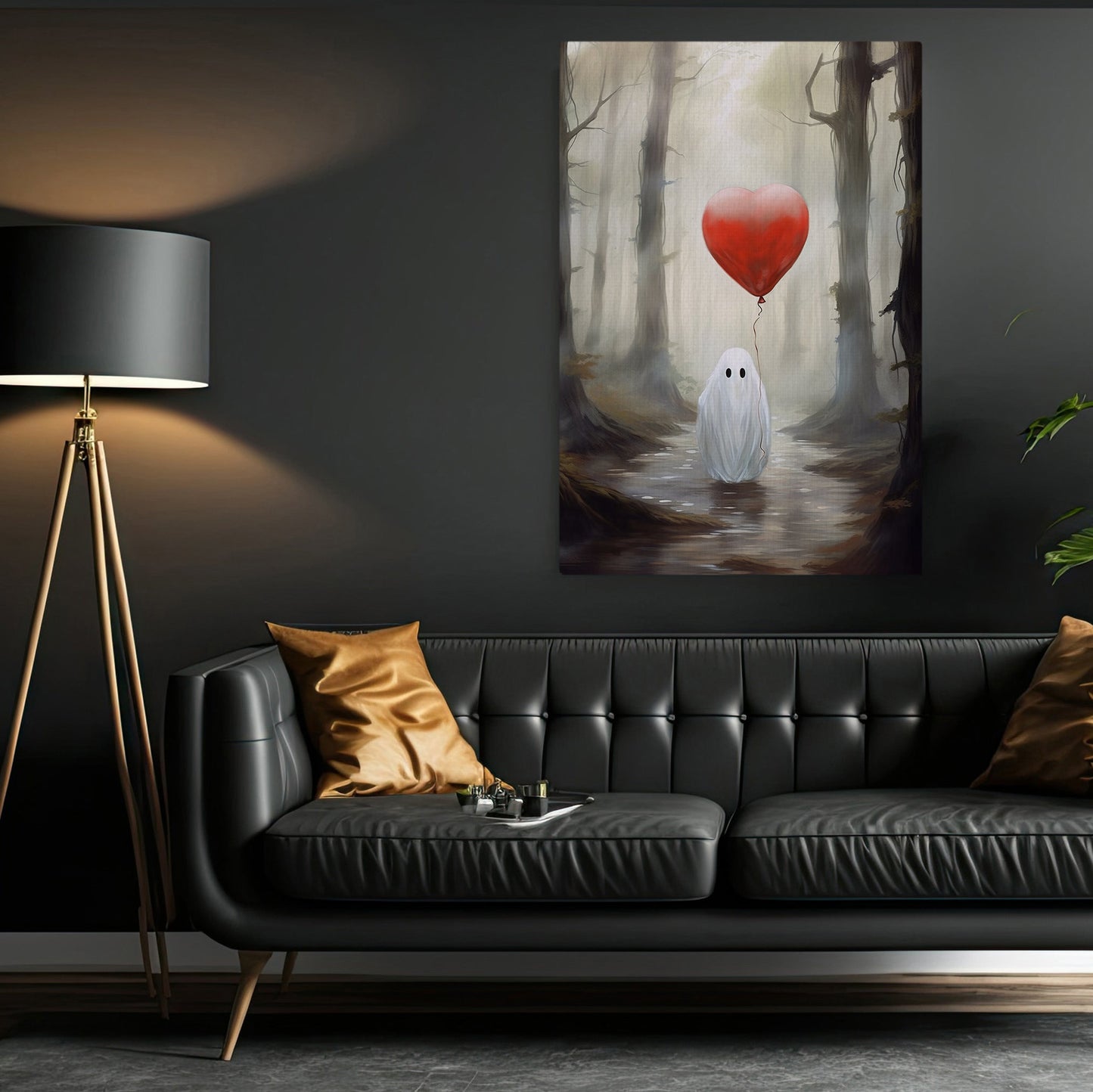 Ghost Hold Heart Balloon, Ghost Canvas Painting, Forest Wall Art Decor, Spooky Poster Gift