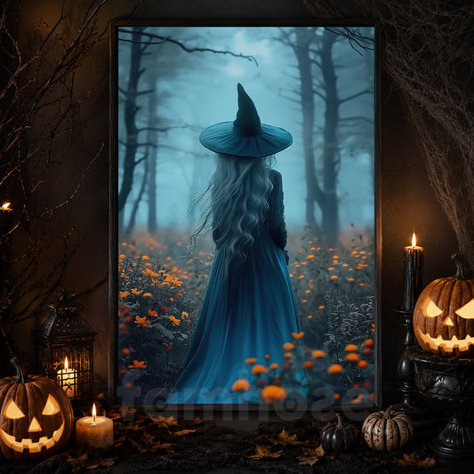 The Blue Witch's Solitude, Witches Canvas Painting, Spooky Season Wall Art Decor, Halloween Poster Gift For Witch Lovers