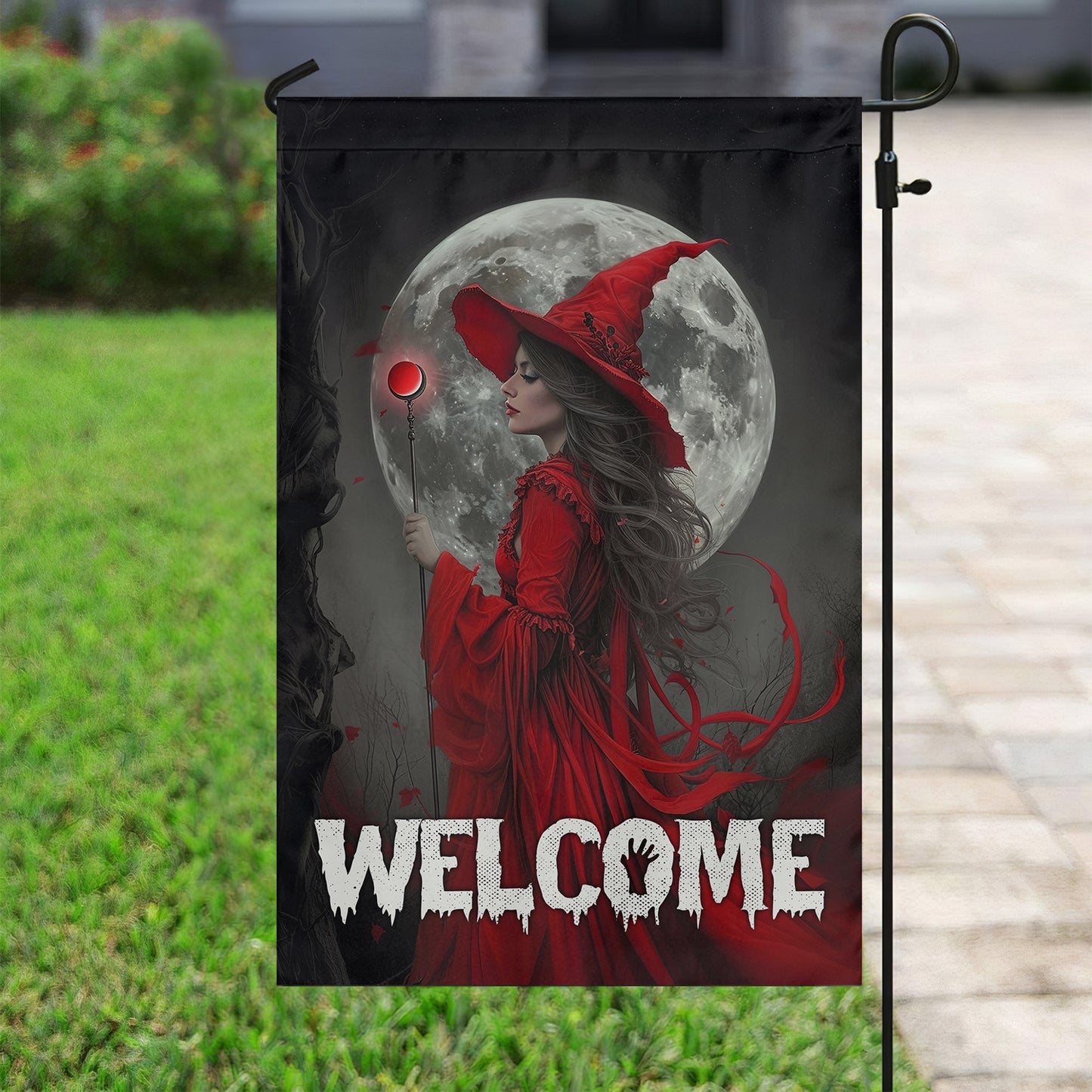 Witch Under The Moon, Halloween Garden Flag & House Flag, Witch Outdoor Decor, Spooky Yard Decor Gift For Witch Lovers