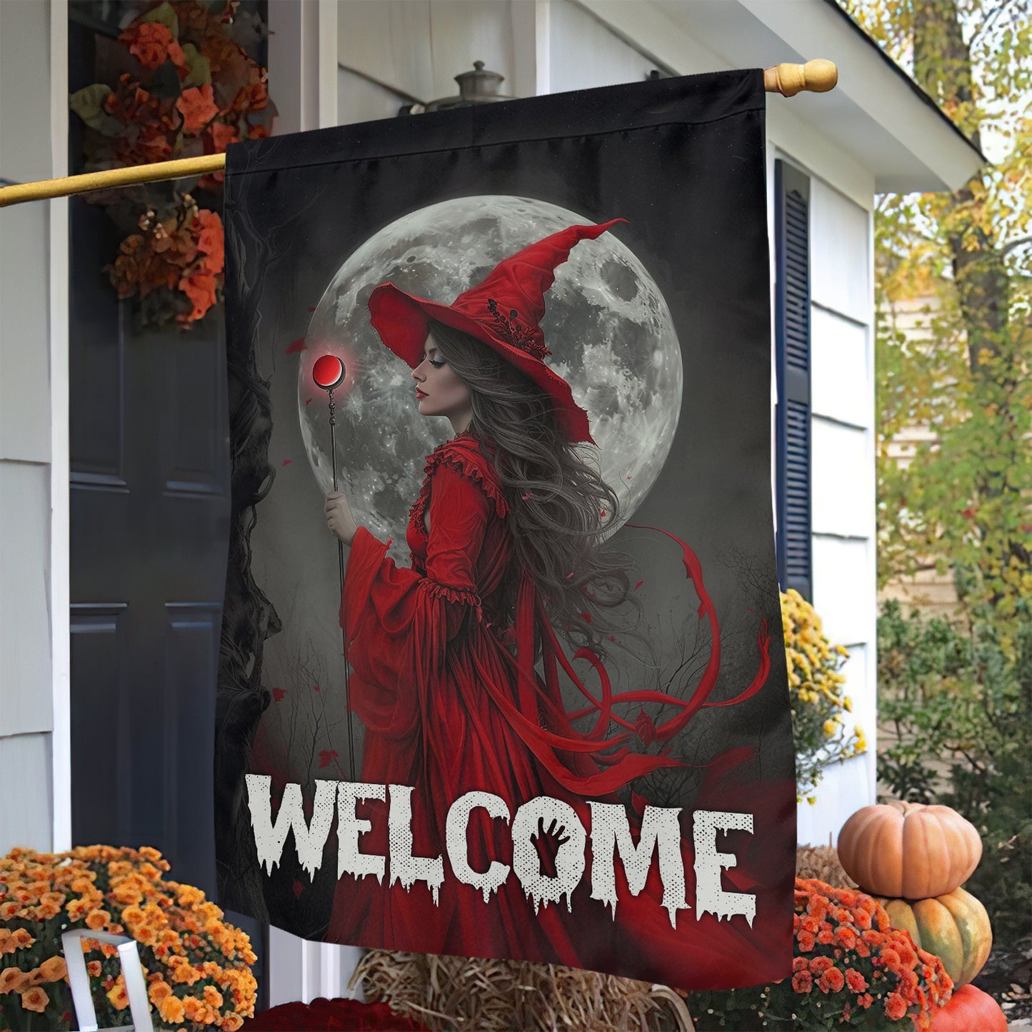 Witch Under The Moon, Halloween Garden Flag & House Flag, Witch Outdoor Decor, Spooky Yard Decor Gift For Witch Lovers