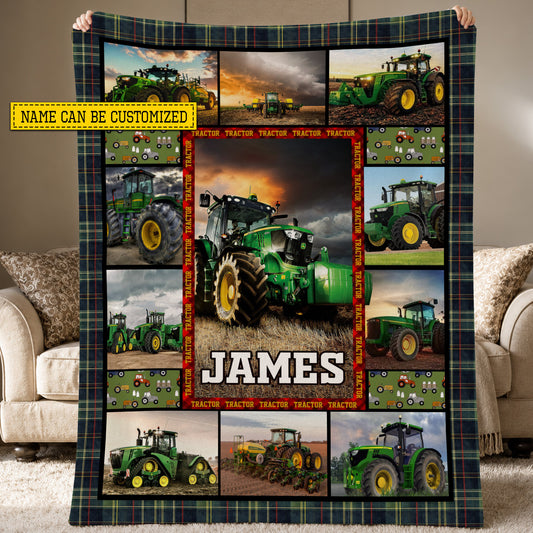 Personalized Green Tractor Fleece Blanket, Tractor Woven Blanket, Cool Sherpa Blanket Gift For Tractor Lovers, Farmer