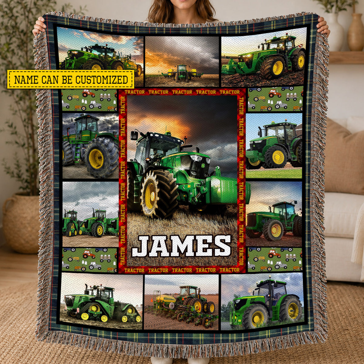 Personalized Green Tractor Fleece Blanket, Tractor Woven Blanket, Cool Sherpa Blanket Gift For Tractor Lovers, Farmer