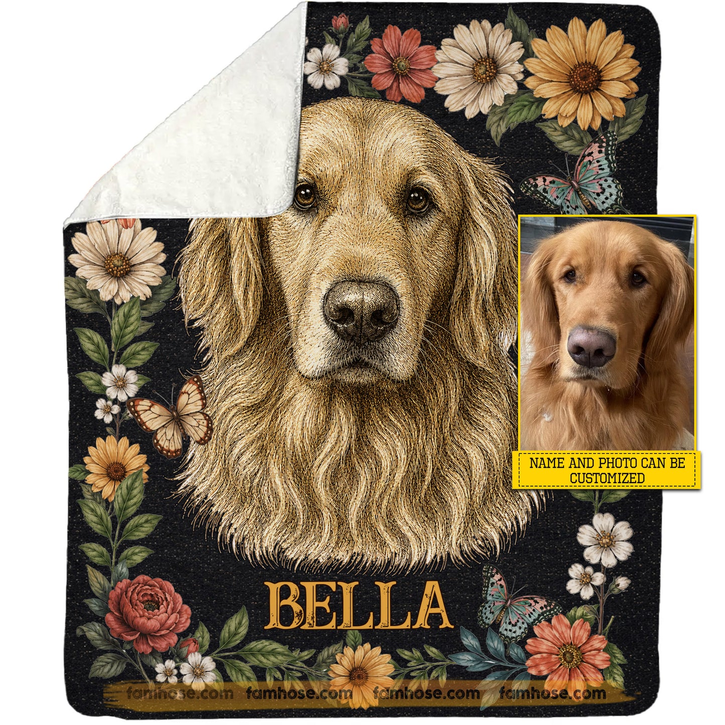 Personalized Dog Fleece Blanket, Custom Pet Portrait Floral Woven Blanket, Sherpa Blanket Gift For Dog Lover