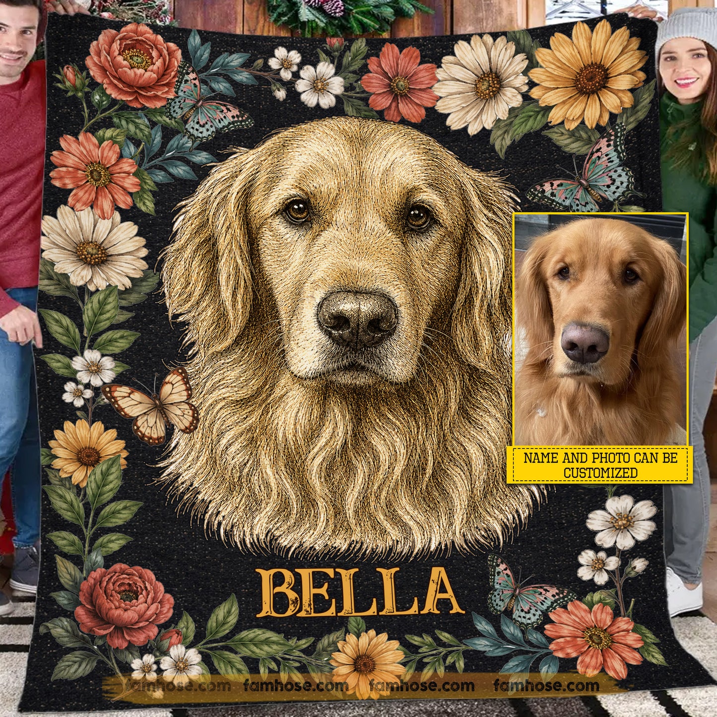 Personalized Dog Fleece Blanket, Custom Pet Portrait Floral Woven Blanket, Sherpa Blanket Gift For Dog Lover
