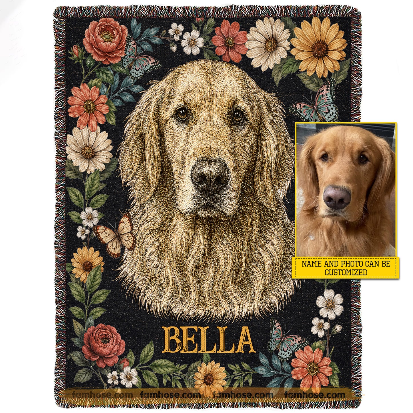 Personalized Dog Fleece Blanket, Custom Pet Portrait Floral Woven Blanket, Sherpa Blanket Gift For Dog Lover