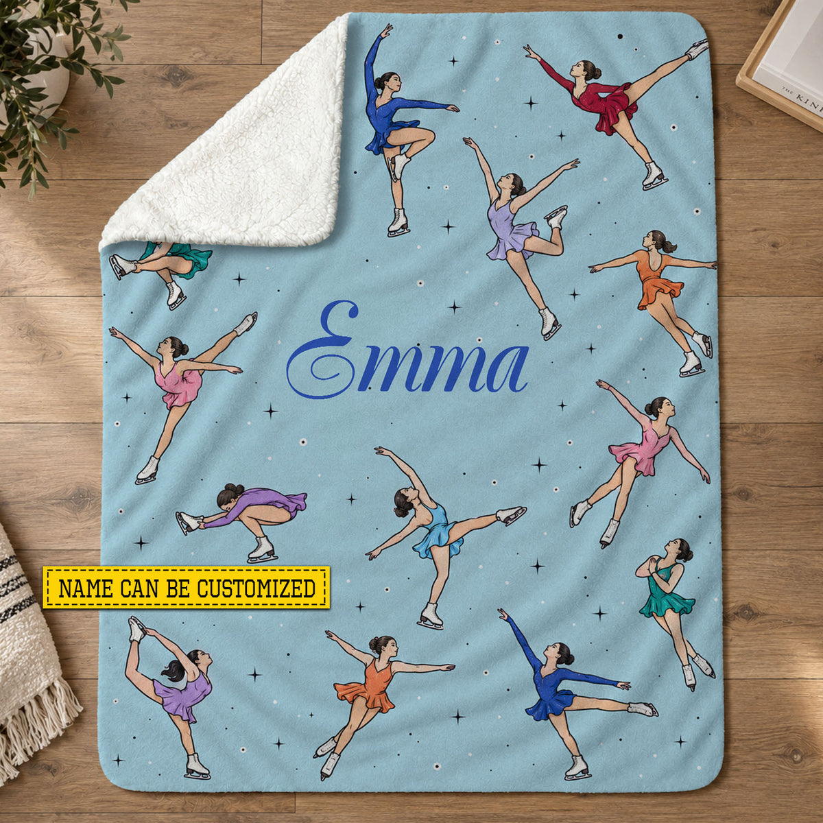 Personalized Figure Skating Fleece Blanket, Light Blue Throw With Colorful Ice Skaters Woven Blanket, Sherpa Blanket Gift For Ice Skating Lover