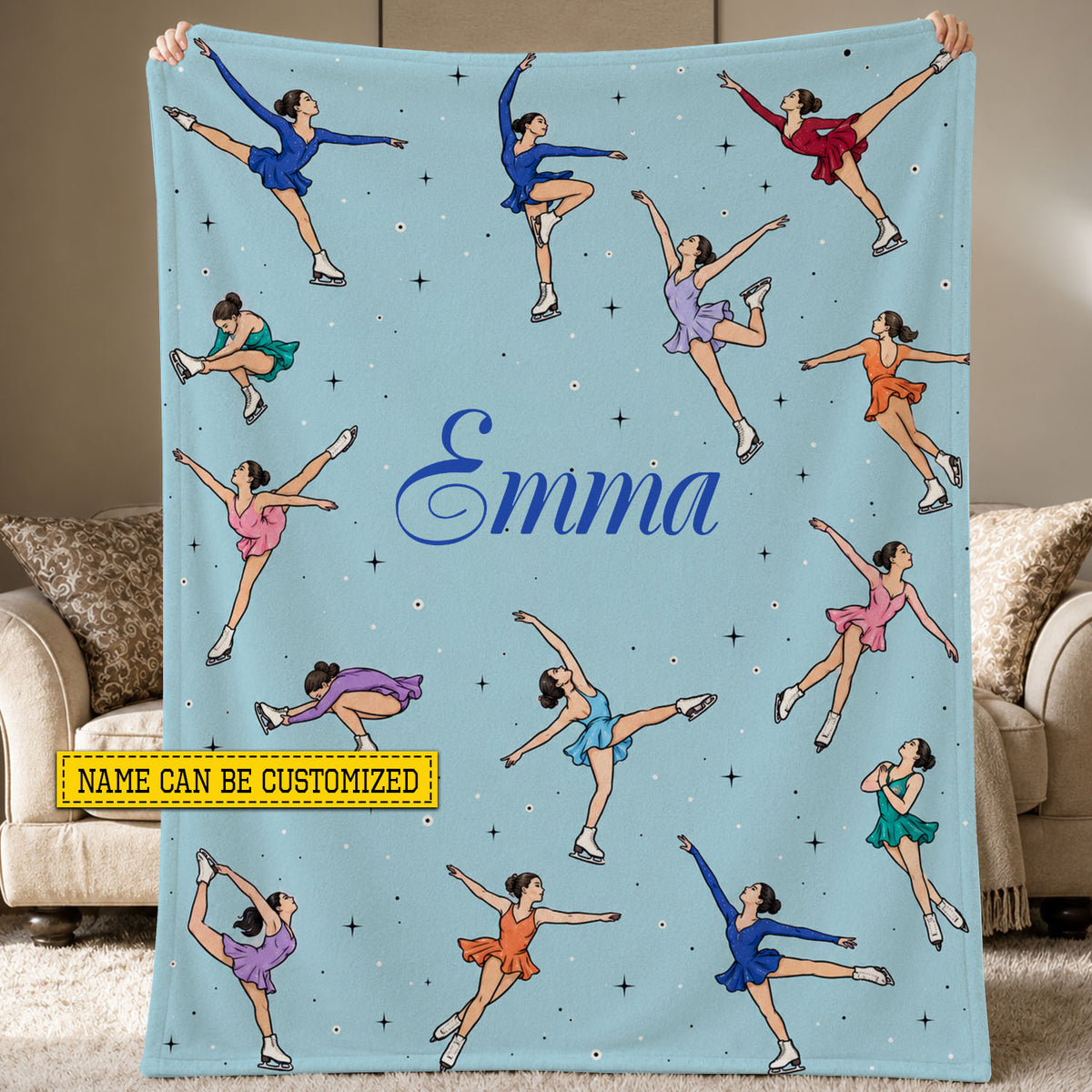 Personalized Figure Skating Fleece Blanket, Light Blue Throw With Colorful Ice Skaters Woven Blanket, Sherpa Blanket Gift For Ice Skating Lover