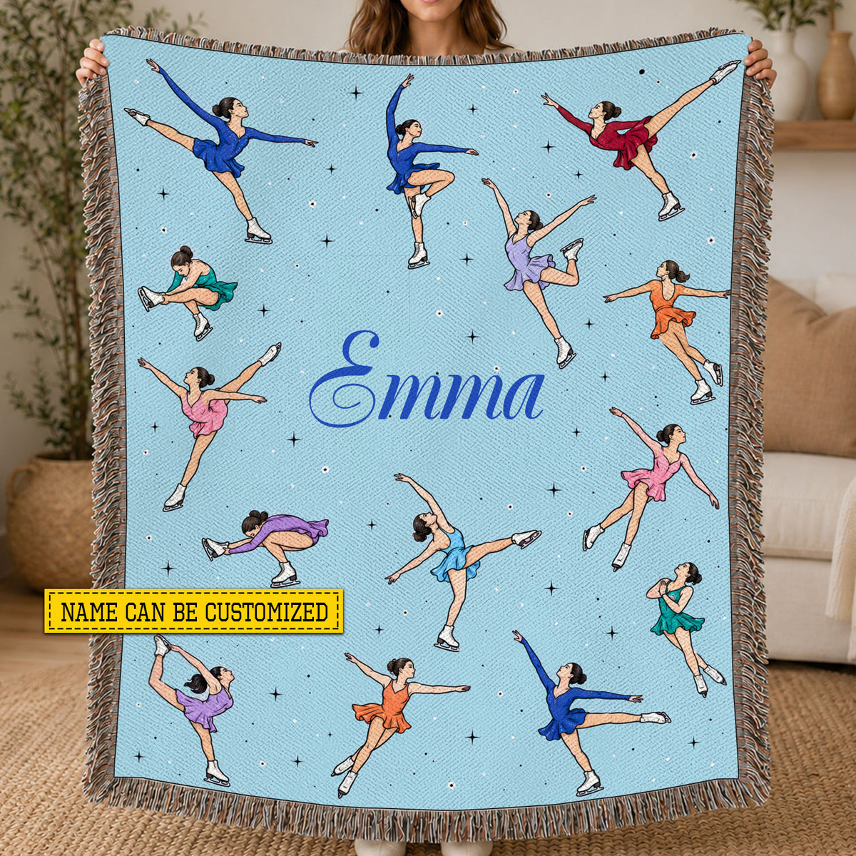 Personalized Figure Skating Fleece Blanket, Light Blue Throw With Colorful Ice Skaters Woven Blanket, Sherpa Blanket Gift For Ice Skating Lover