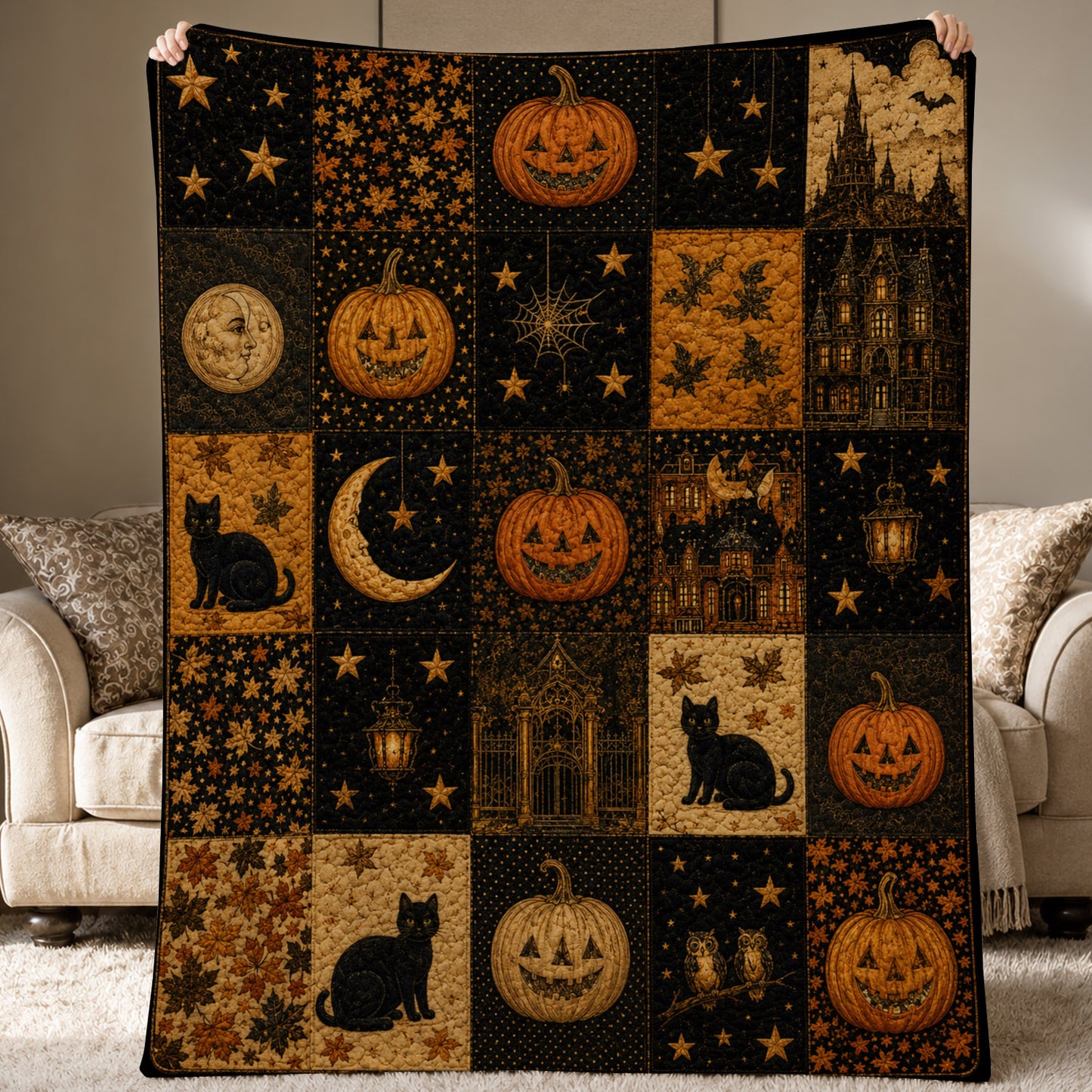 Vintage Halloween Quilt Fleece Blanket, A Patchwork of Spooky Nights Woven Blanket, Sherpa Blanket Spooky Season Gift For Cat Lover