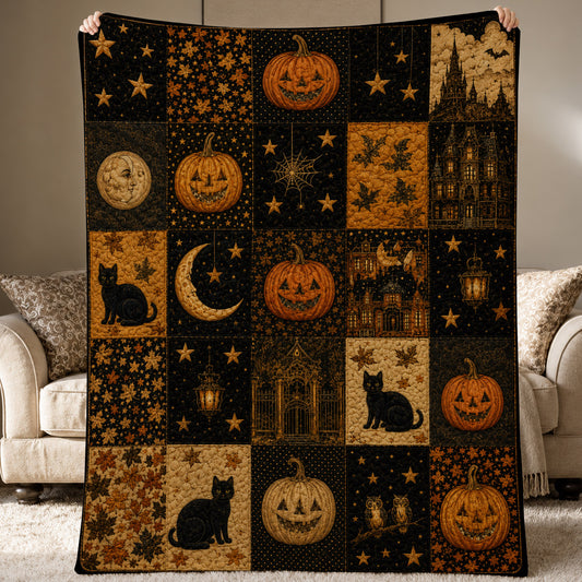 Vintage Halloween Quilt Fleece Blanket, A Patchwork of Spooky Nights Woven Blanket, Sherpa Blanket Spooky Season Gift For Cat Lover