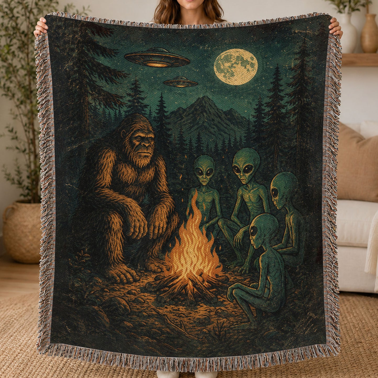 Vintage Bigfoot & Alien UFO Fleece Blanket, Campfire With Strangers Woven Blanket, Sherpa Blanket Gift For Bigfoot & Alien Lover