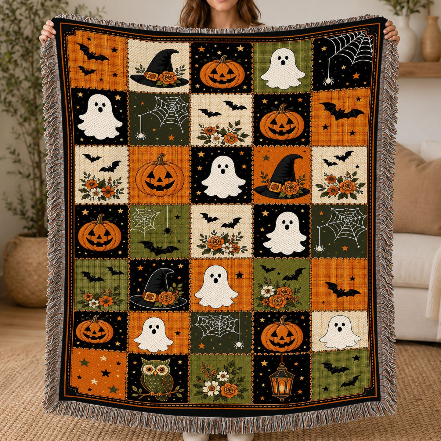Vintage Halloween Quilt Fleece Blanket, Patchwork Of Little Haunts Woven Blanket, Sherpa Blanket Spooky Season Gift For Cat Lover