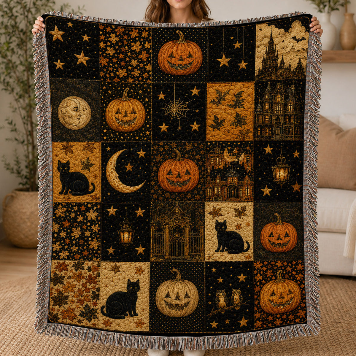 Vintage Halloween Quilt Fleece Blanket, A Patchwork of Spooky Nights Woven Blanket, Sherpa Blanket Spooky Season Gift For Cat Lover