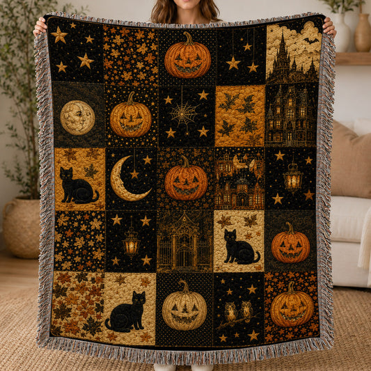 Vintage Halloween Quilt Fleece Blanket, A Patchwork of Spooky Nights Woven Blanket, Sherpa Blanket Spooky Season Gift For Cat Lover