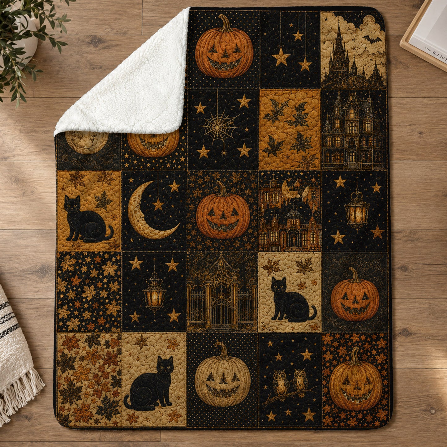 Vintage Halloween Quilt Fleece Blanket, A Patchwork of Spooky Nights Woven Blanket, Sherpa Blanket Spooky Season Gift For Cat Lover