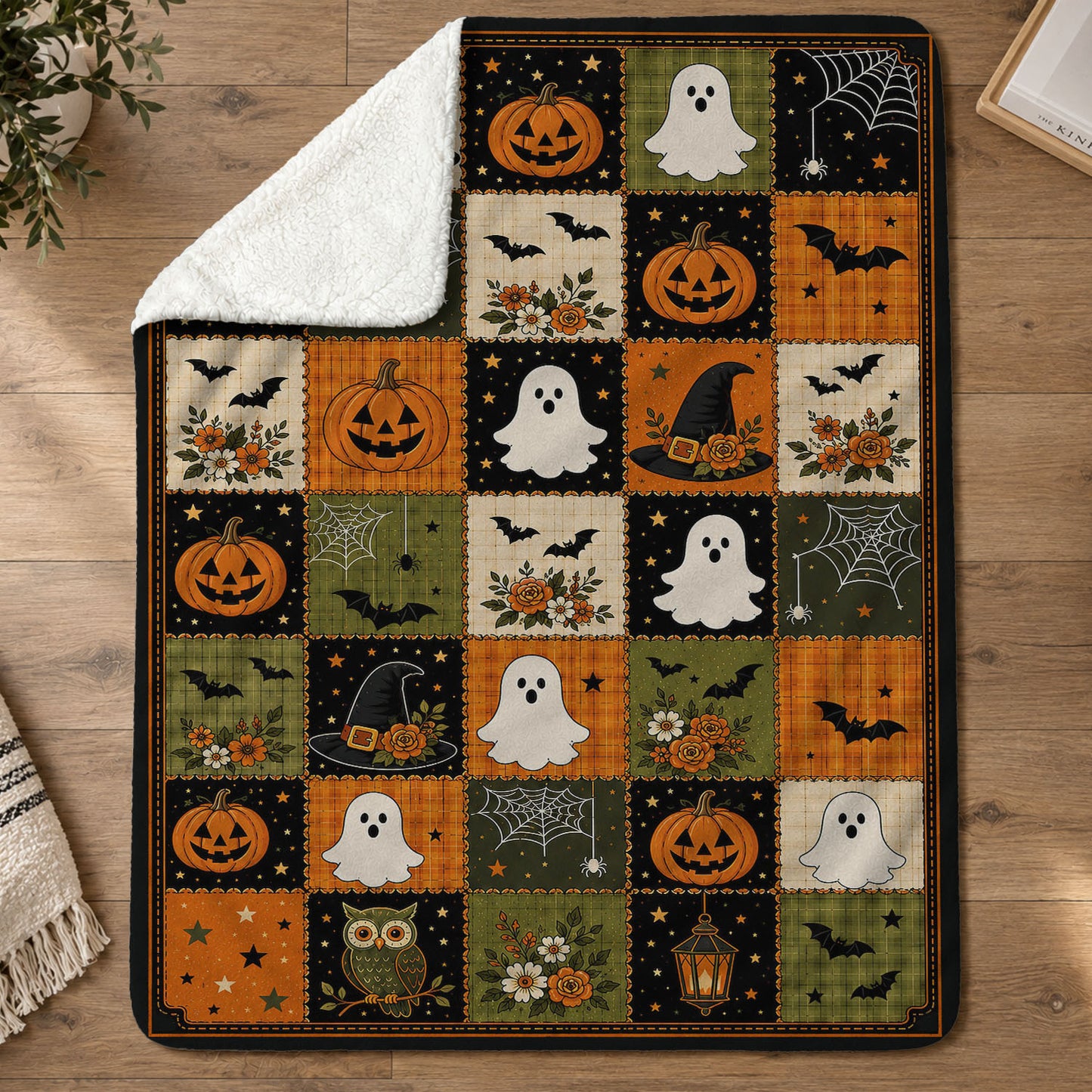 Vintage Halloween Quilt Fleece Blanket, Patchwork Of Little Haunts Woven Blanket, Sherpa Blanket Spooky Season Gift For Cat Lover