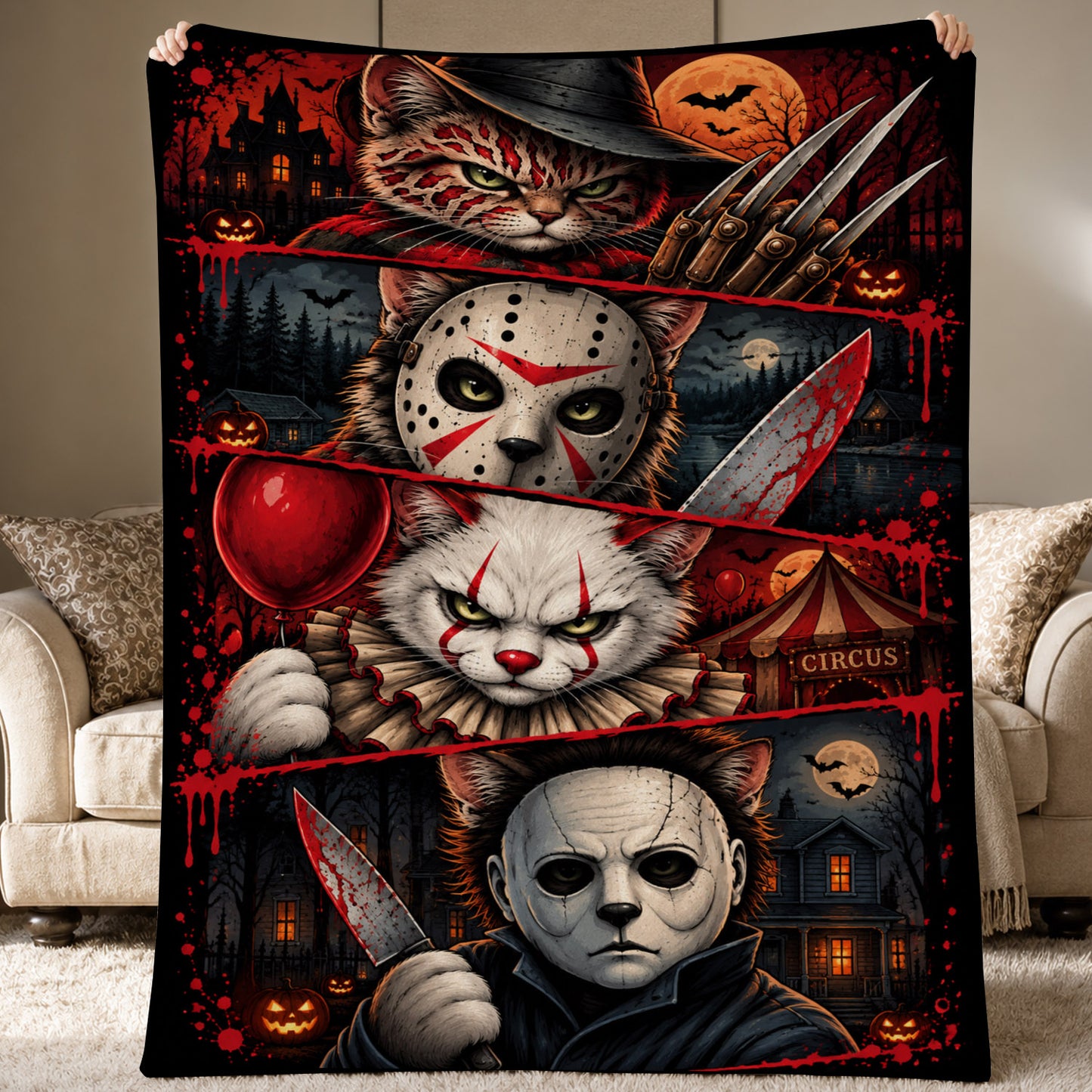 Halloween Cat Fleece Blanket, Nine Lives To Scream Woven Blanket, Sherpa Blanket Spooky Season Gift For Cat Lover, Horror Movie Fans