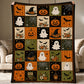Vintage Halloween Quilt Fleece Blanket, Patchwork Of Little Haunts Woven Blanket, Sherpa Blanket Spooky Season Gift For Cat Lover