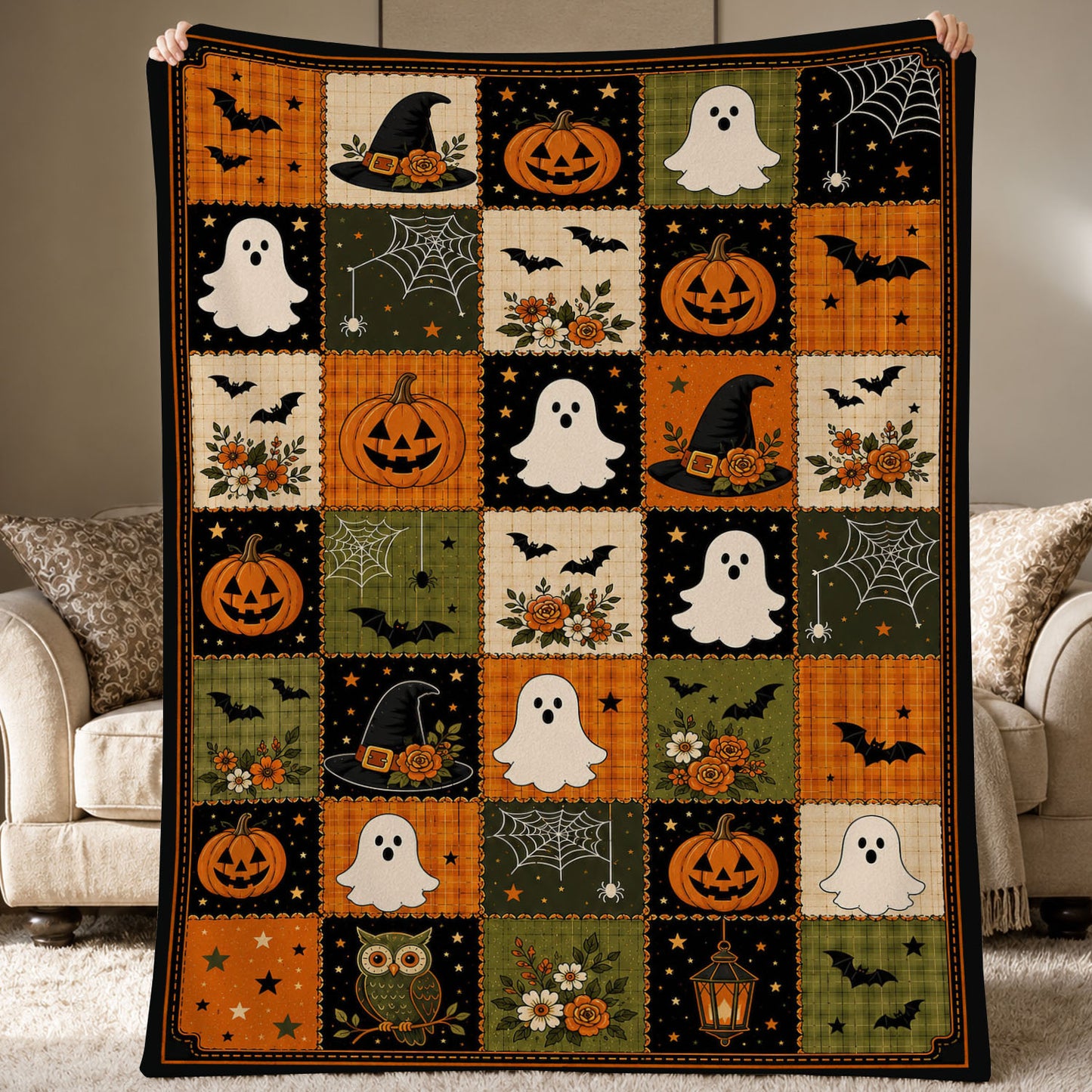 Vintage Halloween Quilt Fleece Blanket, Patchwork Of Little Haunts Woven Blanket, Sherpa Blanket Spooky Season Gift For Cat Lover