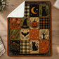 Vintage Halloween Quilt Fleece Blanket, Little Squares Of Spooky Woven Blanket, Sherpa Blanket Spooky Season Gift For Cat Lover