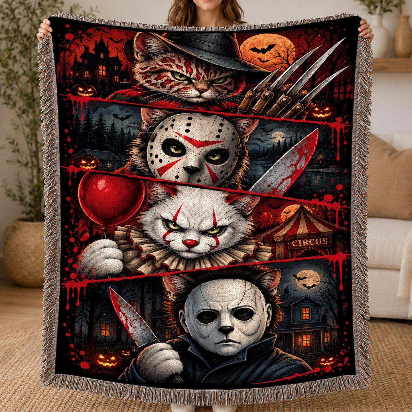 Halloween Cat Fleece Blanket, Nine Lives To Scream Woven Blanket, Sherpa Blanket Spooky Season Gift For Cat Lover, Horror Movie Fans