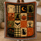 Vintage Halloween Quilt Fleece Blanket, Little Squares Of Spooky Woven Blanket, Sherpa Blanket Spooky Season Gift For Cat Lover