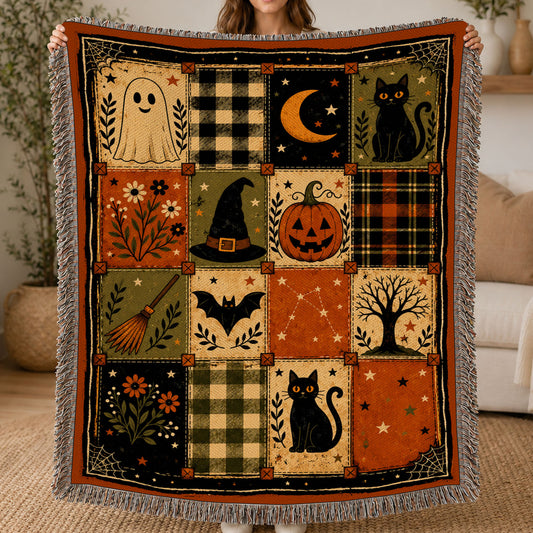 Vintage Halloween Quilt Fleece Blanket, Little Squares Of Spooky Woven Blanket, Sherpa Blanket Spooky Season Gift For Cat Lover