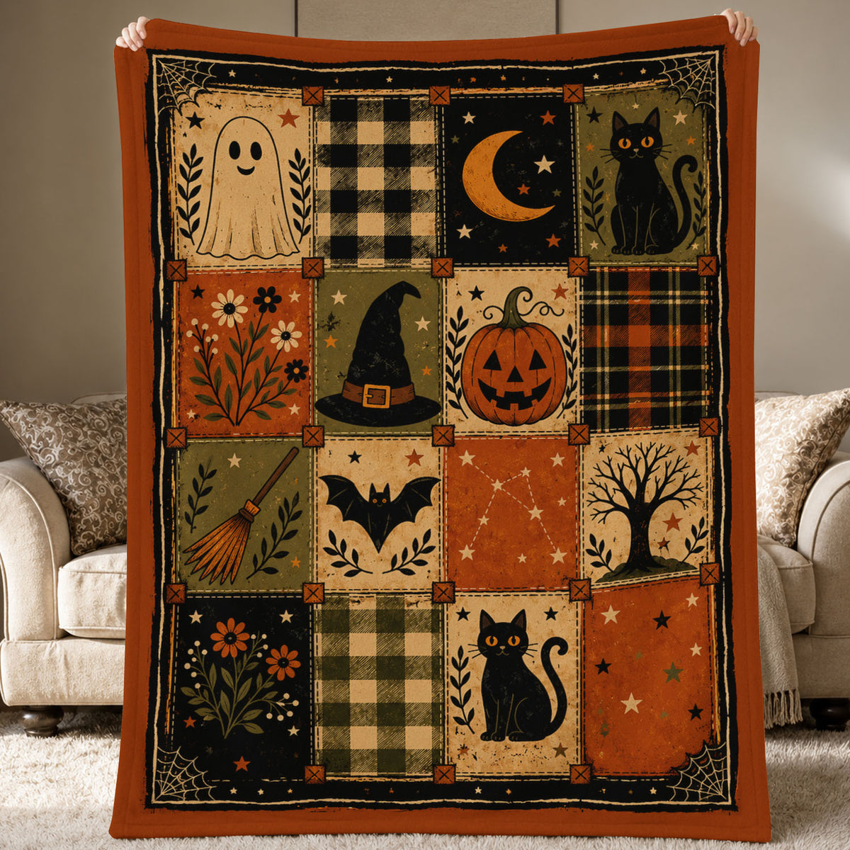 Vintage Halloween Quilt Fleece Blanket, Little Squares Of Spooky Woven Blanket, Sherpa Blanket Spooky Season Gift For Cat Lover