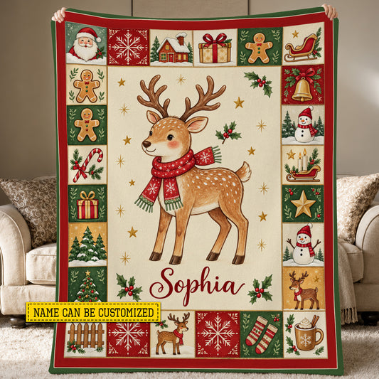 Personalized Christmas Reindeer Fleece Blanket, Red Scarf Reindeer With Vintage Folk Border Woven Blanket, Xmas Sherpa Blanket Gift For Reindeer Lover