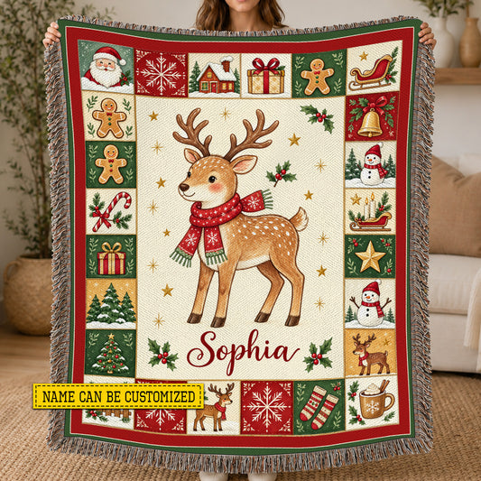 Personalized Christmas Reindeer Fleece Blanket, Red Scarf Reindeer With Vintage Folk Border Woven Blanket, Xmas Sherpa Blanket Gift For Reindeer Lover