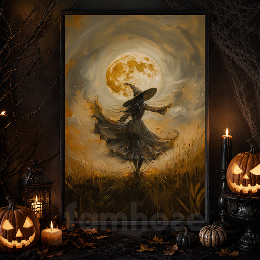 Lunar Dance Of The Witch, Witch Canvas Painting, Spooky Season Wall Art Decor, Halloween Poster Gift For Witch Lovers