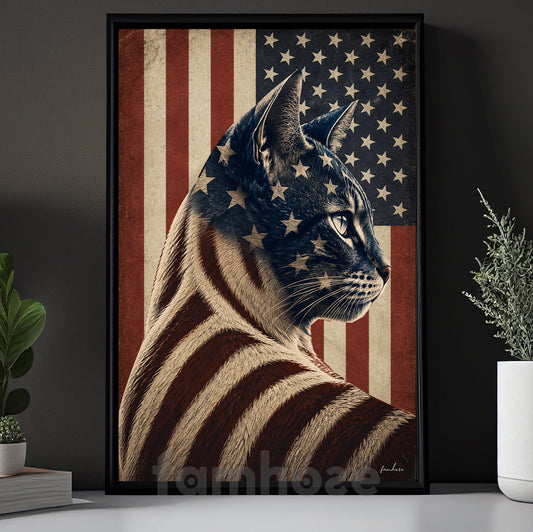 July 4th Cat USA Flag Canvas Painting, Spirit Of America Cat Wall Art Decor, Independence Day Poster Gift For Cat Lover