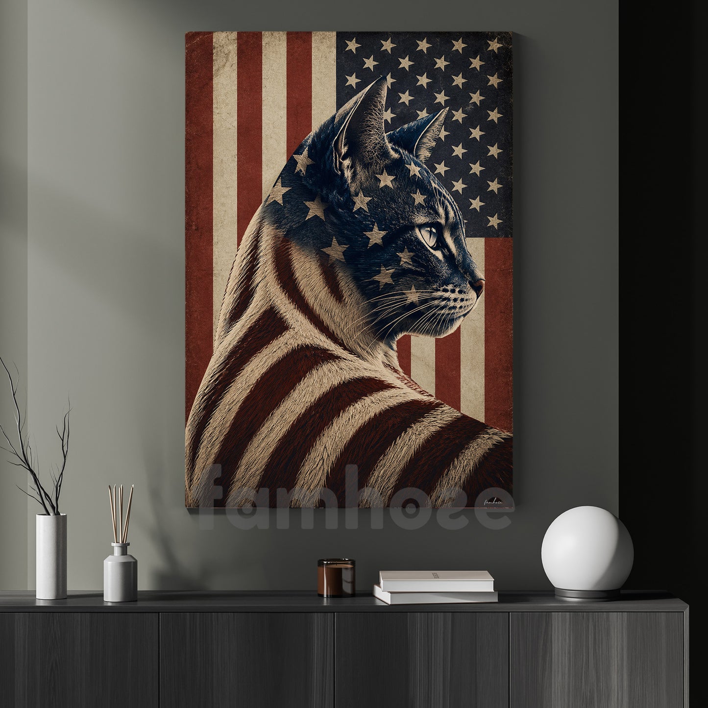 July 4th Cat Canvas Painting, Spirit Of America Cat Wall Art Decor, Independence Day Poster Gift For Cat Lover