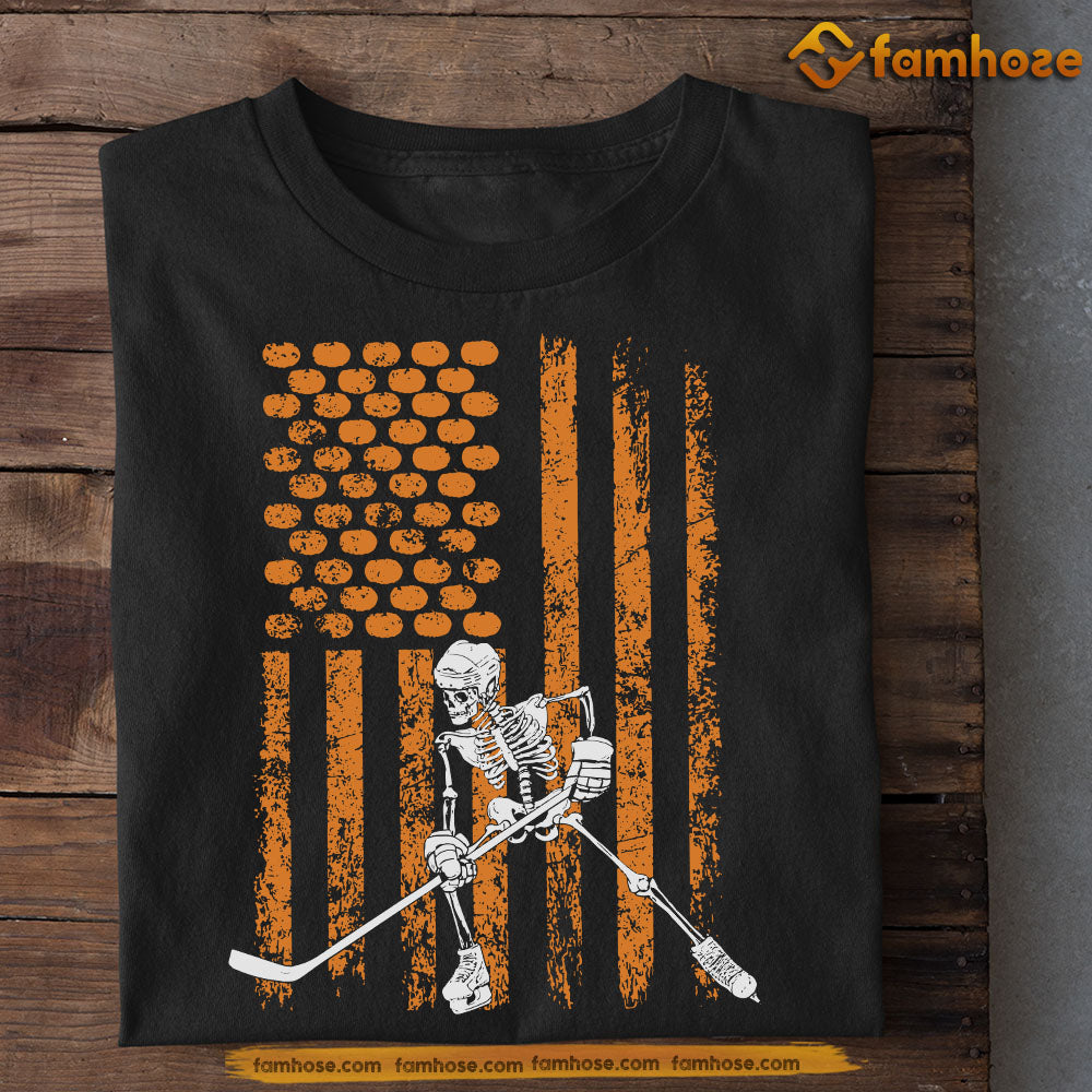 Funny Halloween Hockey T-shirt, Skeleton Plays Hockey USA Flag, Gift For Hockey Lovers