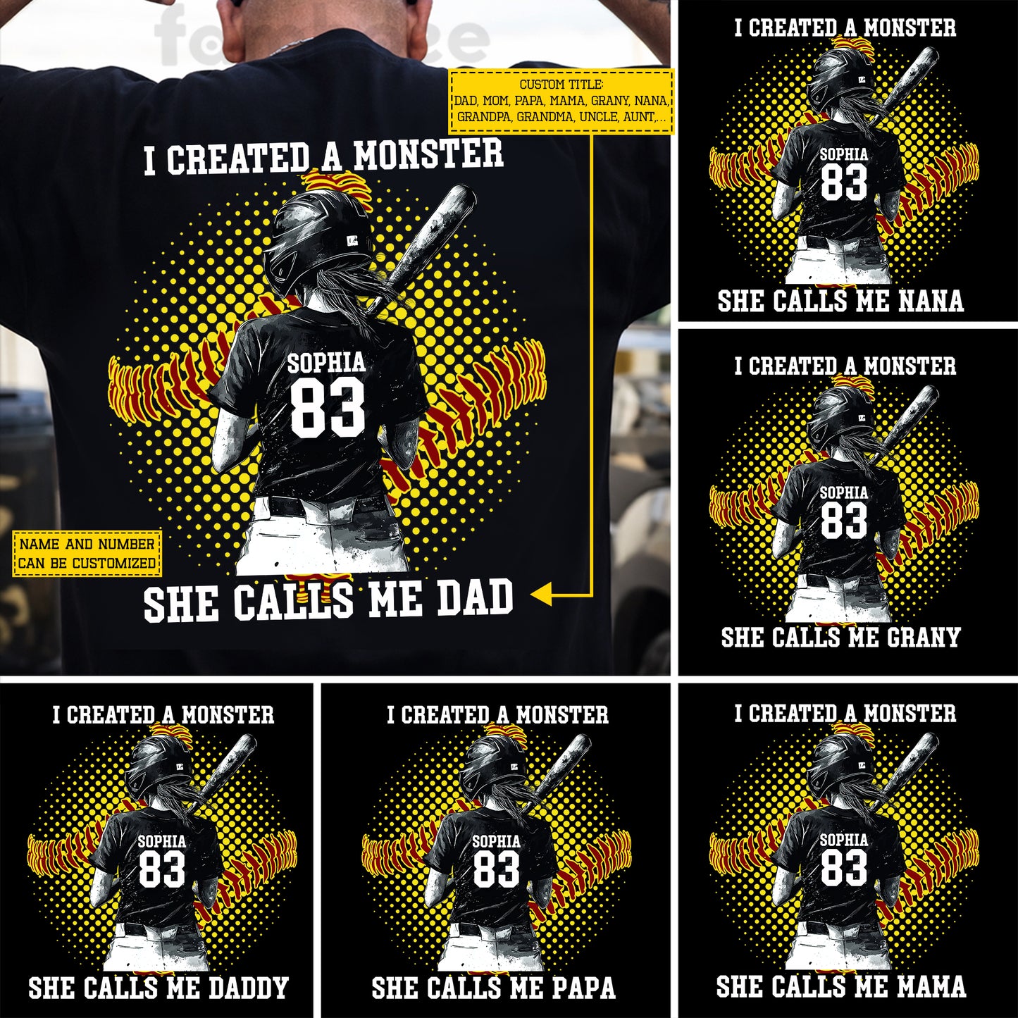 Personalized Softball Dad Girl Backside T-shirt, I Created A Monster She Calls Me Dad Sport Tees Father's Day Gift For Softball Lovers