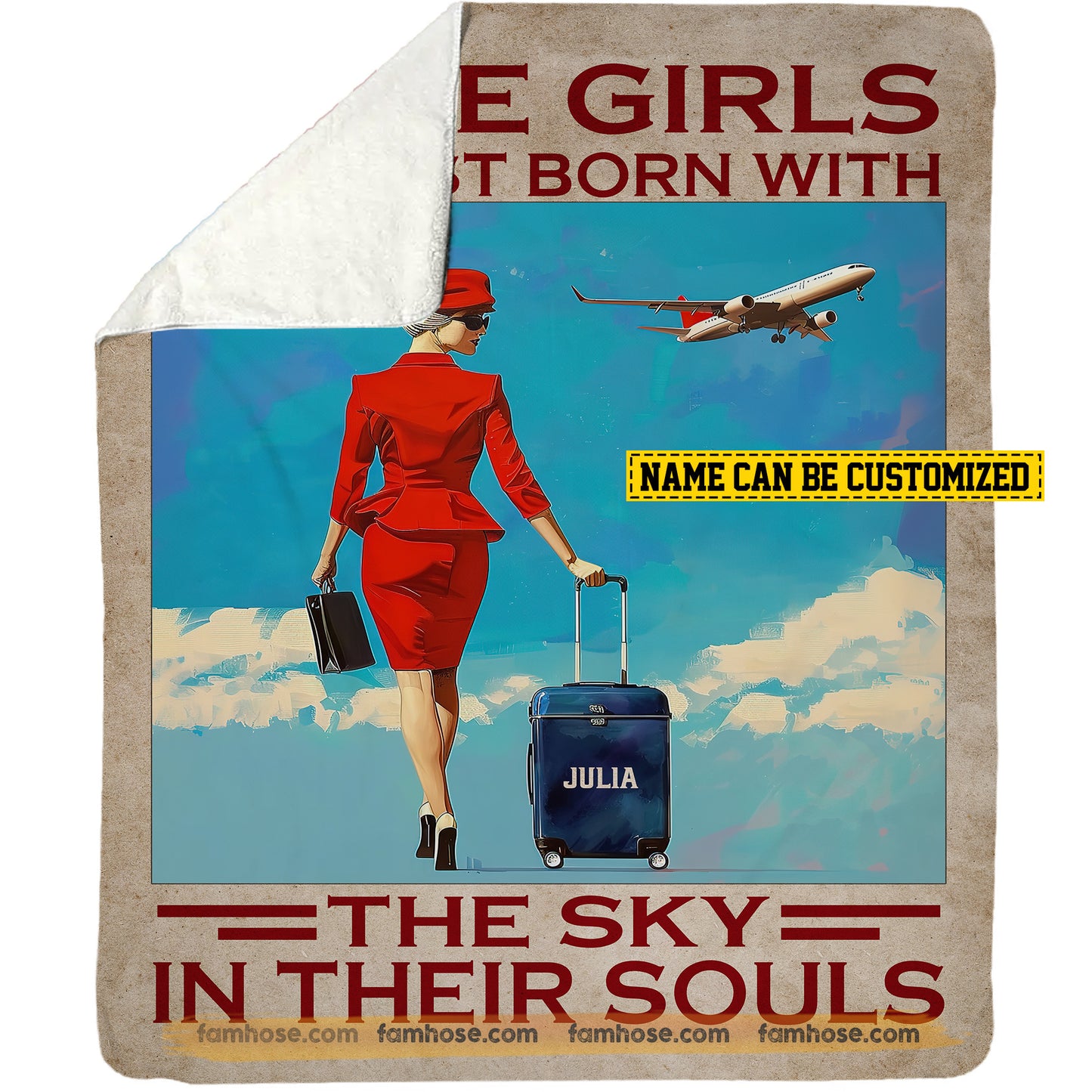 Vintage Personalized Flight Attendant Fleece Blanket, Some Girls Are Born To Fly Woven Blanket, Sherpa Blanket Gift For Air Hostess