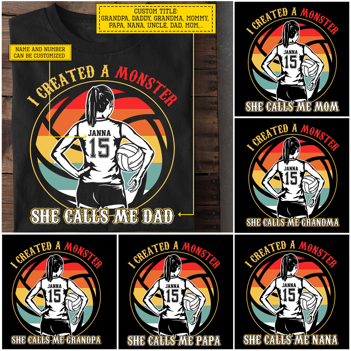 Vintage Personalized Volleyball Girl T-shirt, I Created A Monster, Father's Day Gift For Volleyball Girl Lovers, Volleyball Players